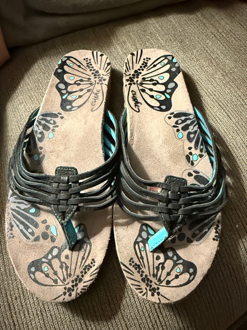 cushe Black Woven Thong Sandals with Turquoise Accents